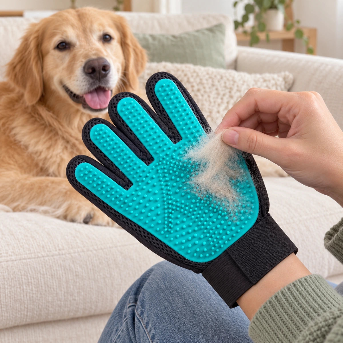A modest layer of fur being lifted from a teal grooming glove