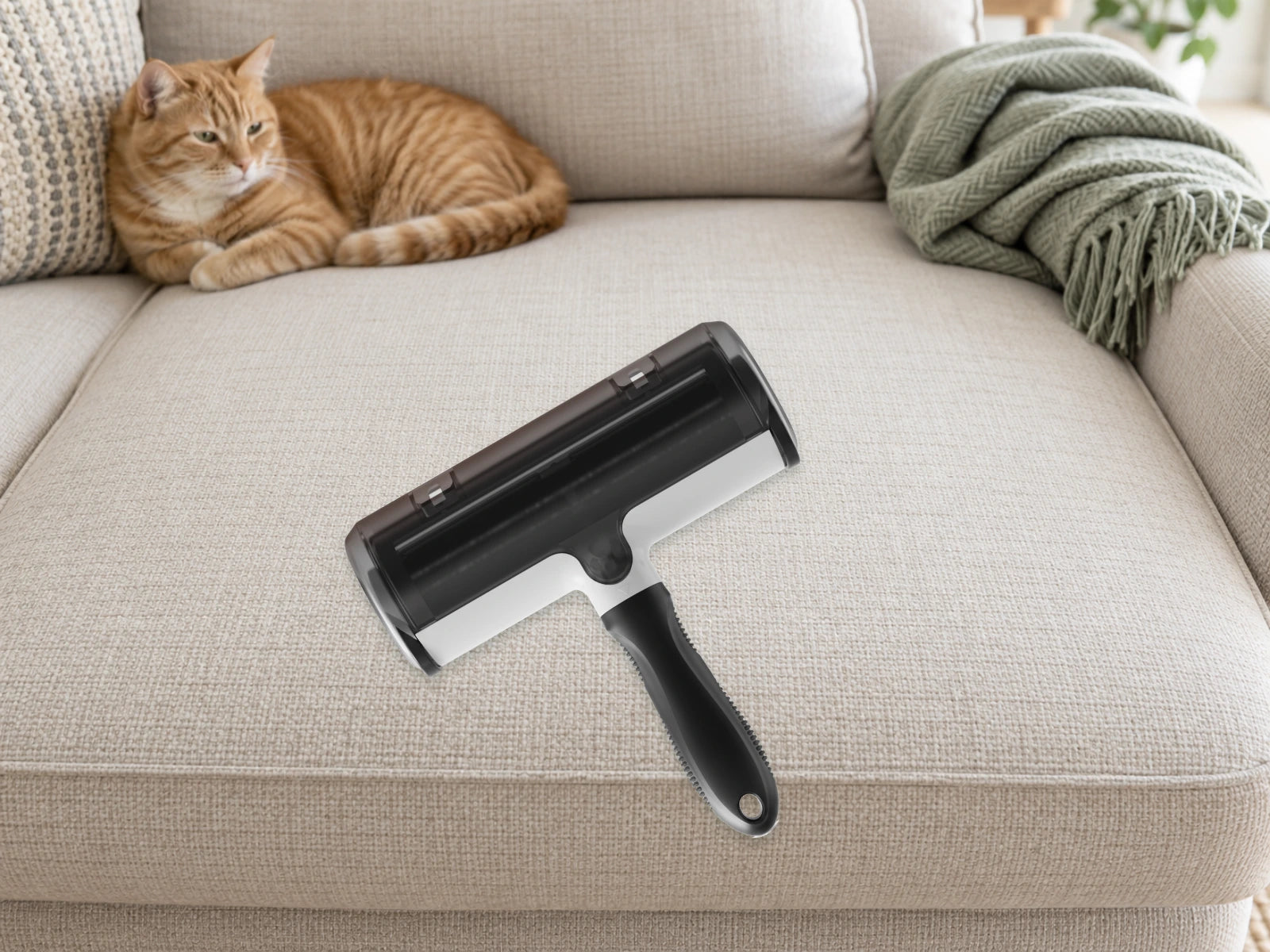 A reusable black and white roller on a sofa beside a folded blanket